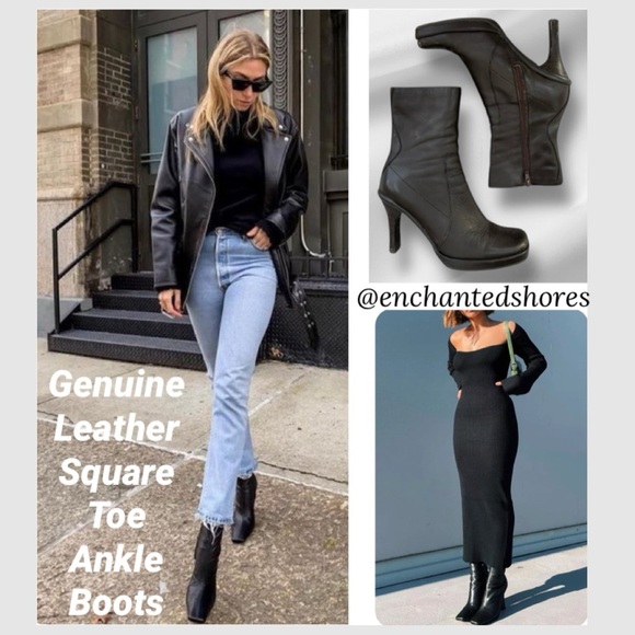 Leather Ankle Boots Chunky Heel Square Platform Fitzwell Vintage 90’s Y2K Brown - Picture 1 of 16